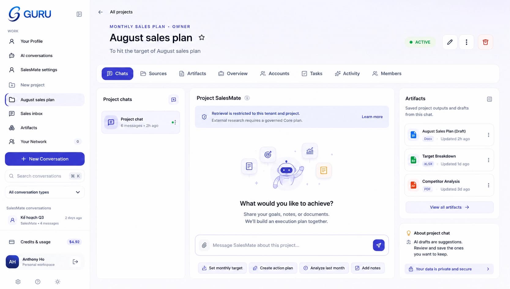 GURU workspace with AI SalesMate knowledge, conversations, and response settings